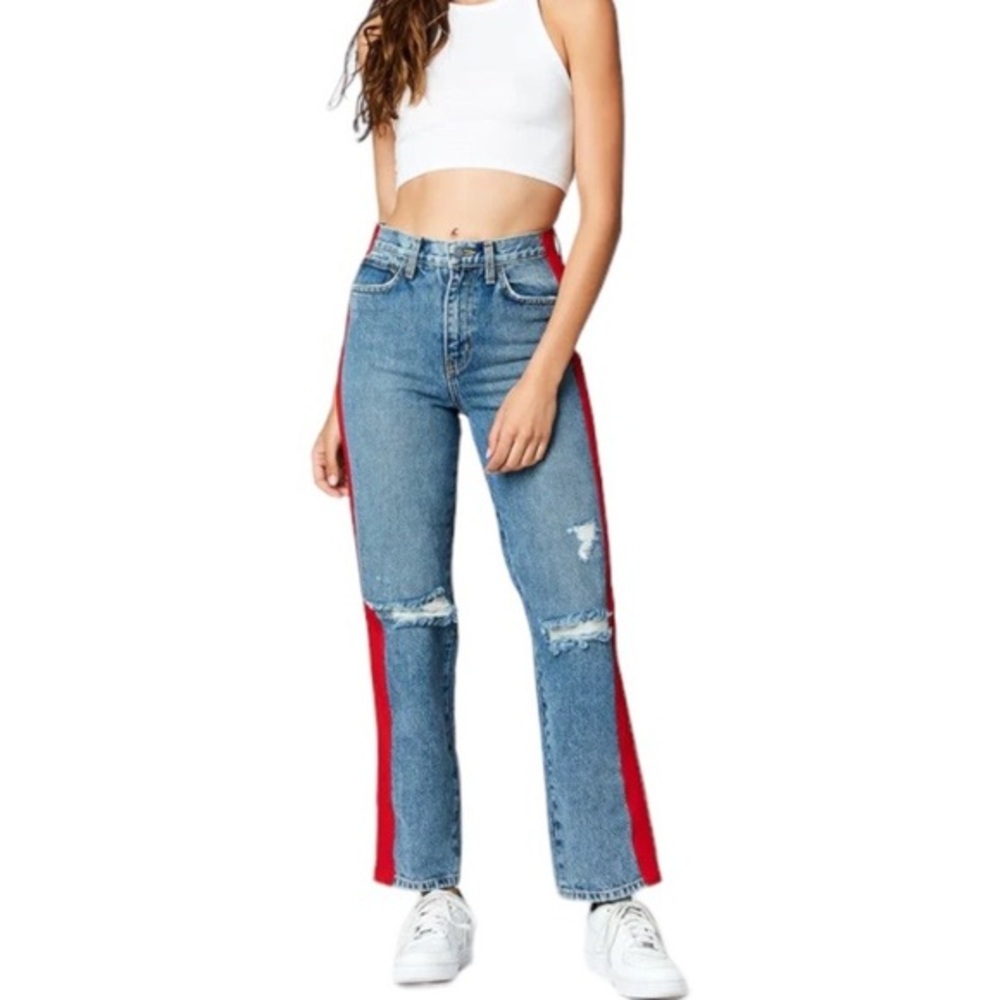 Carmar Ursula Taylor Red Stripe Distressed Straight Leg Jeans Sz 27